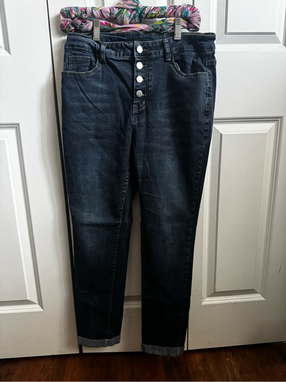 SHEIN Dark Blue High-Rise Button-Fly Cropped Jeans